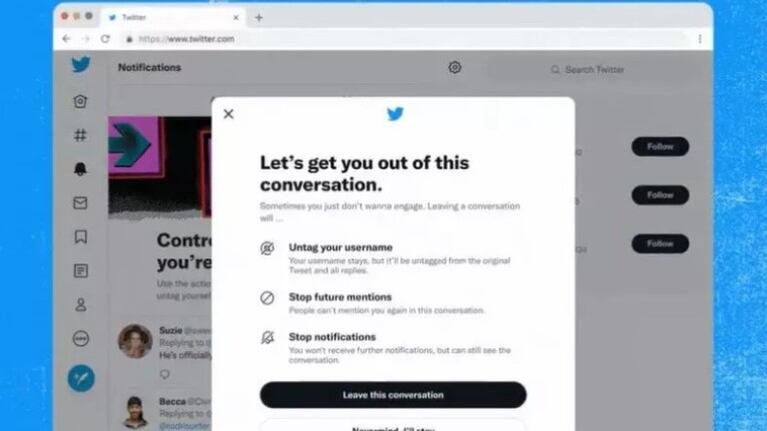 Twitter prueba en su versión web una función para desetiquetarse de las conversaciones