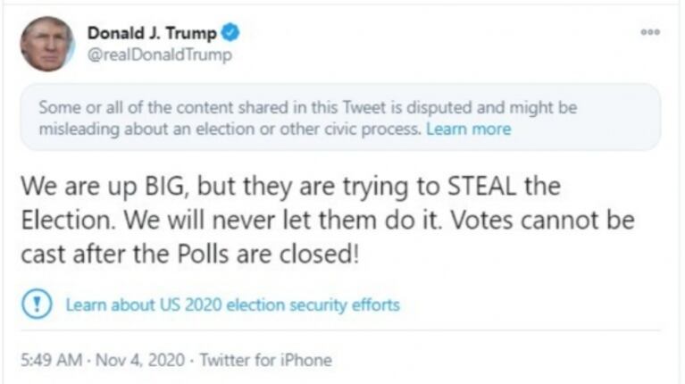 Twitter señala como "engañoso" un tuit de Trump en el que acusa de fraude a los demócratas