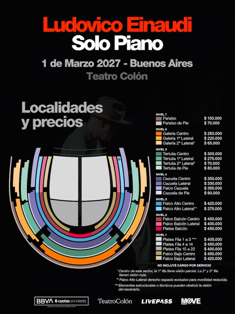 Ubicaciones y precios para la presentación de Ludovico Einaudi en el Teatro Colón.