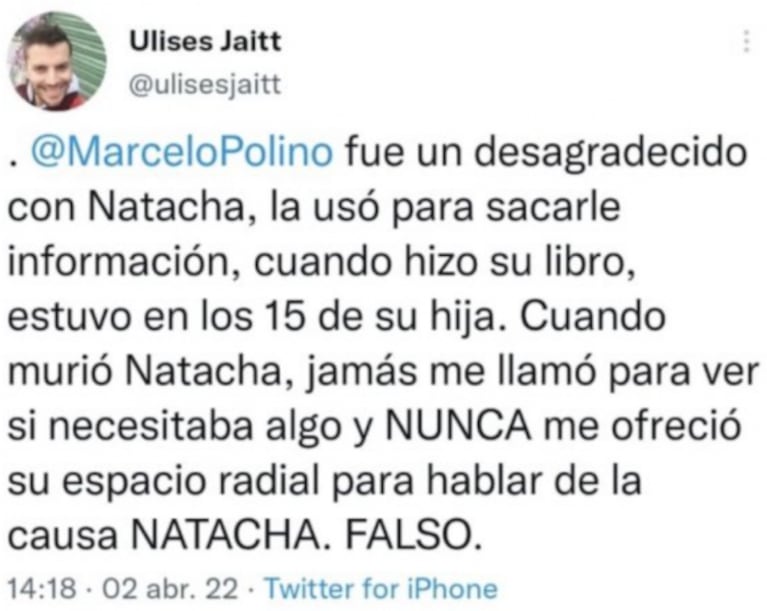 Ulises Jaitt criticó fuerte a Marcelo Polino en medio de la polémica con Ángel de Brito: "Es desagradecido y falso" 