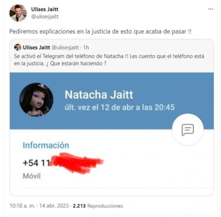 Ulises Jaitt denunció que activaron el teléfono de Natacha Jaitt, secuestrado por la Justicia: "Justo ahora"