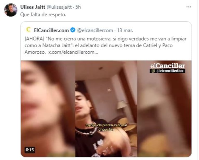 Ulises Jaitt explotó contra el tema de Ca7riel y Paco Amoroso (Foto: Twitter)