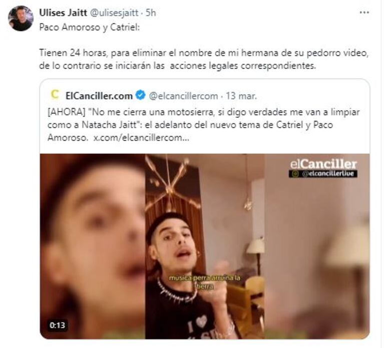 Ulises Jaitt explotó contra el tema de Ca7riel y Paco Amoroso (Foto: Twitter)