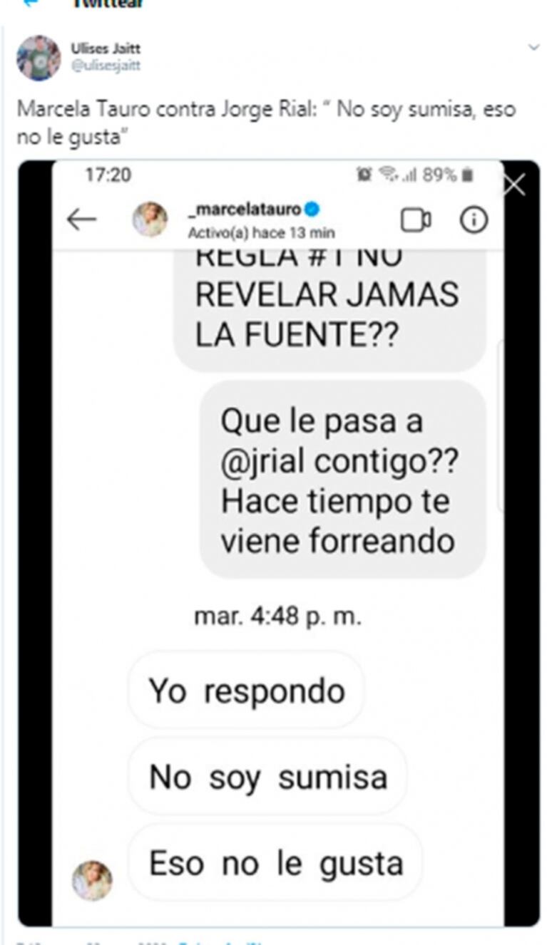 Ulises Jaitt filtró un supuesto y fuerte mensaje de Marcela Tauro sobre Jorge Rial: "No le gusta que no soy sumisa"