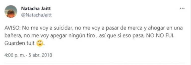 Ulises Jaitt publicó un polémico tweet, igual al de Natacha antes de su muerte: "Guárdenlo"