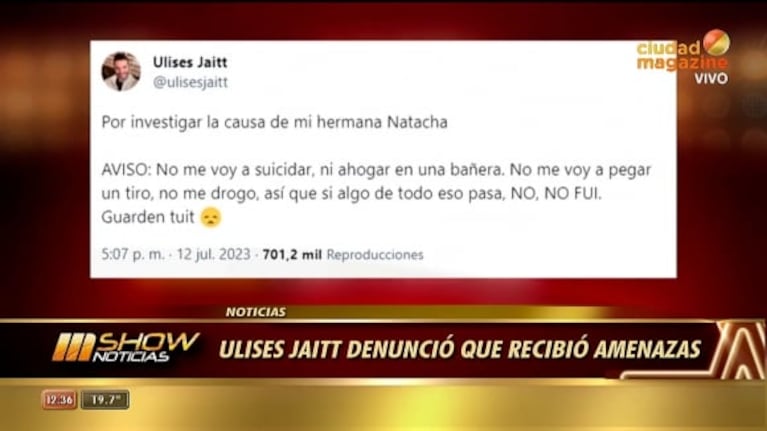 Ulises Jaitt publicó un polémico tweet, igual al de Natacha antes de su muerte: "Guárdenlo"