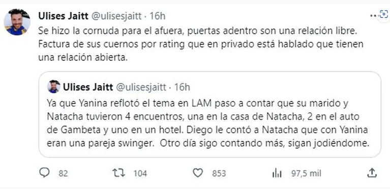 Ulises Jaitt reveló qué le dijo Diego Latorre a Natacha antes de su encuentro sexual