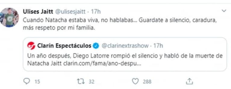 Ulises Jaitt, tras los dichos de Diego Latorre sobre la muerte de Natacha: "Cínico; ya preparo el bozal legal"