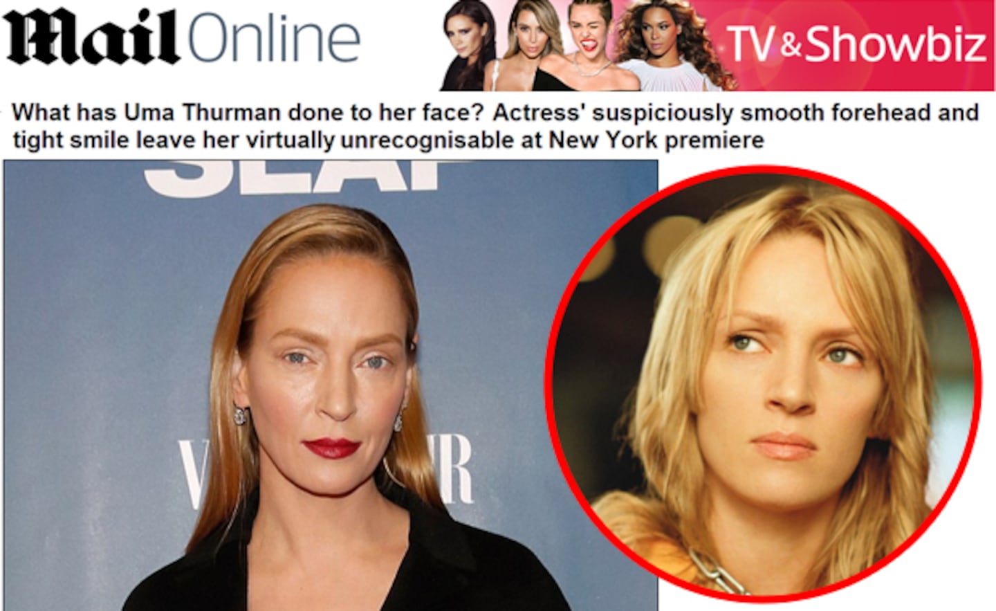 Uma Thurman y su sospechoso "maquillaje". (Foto: Daily Mail)
