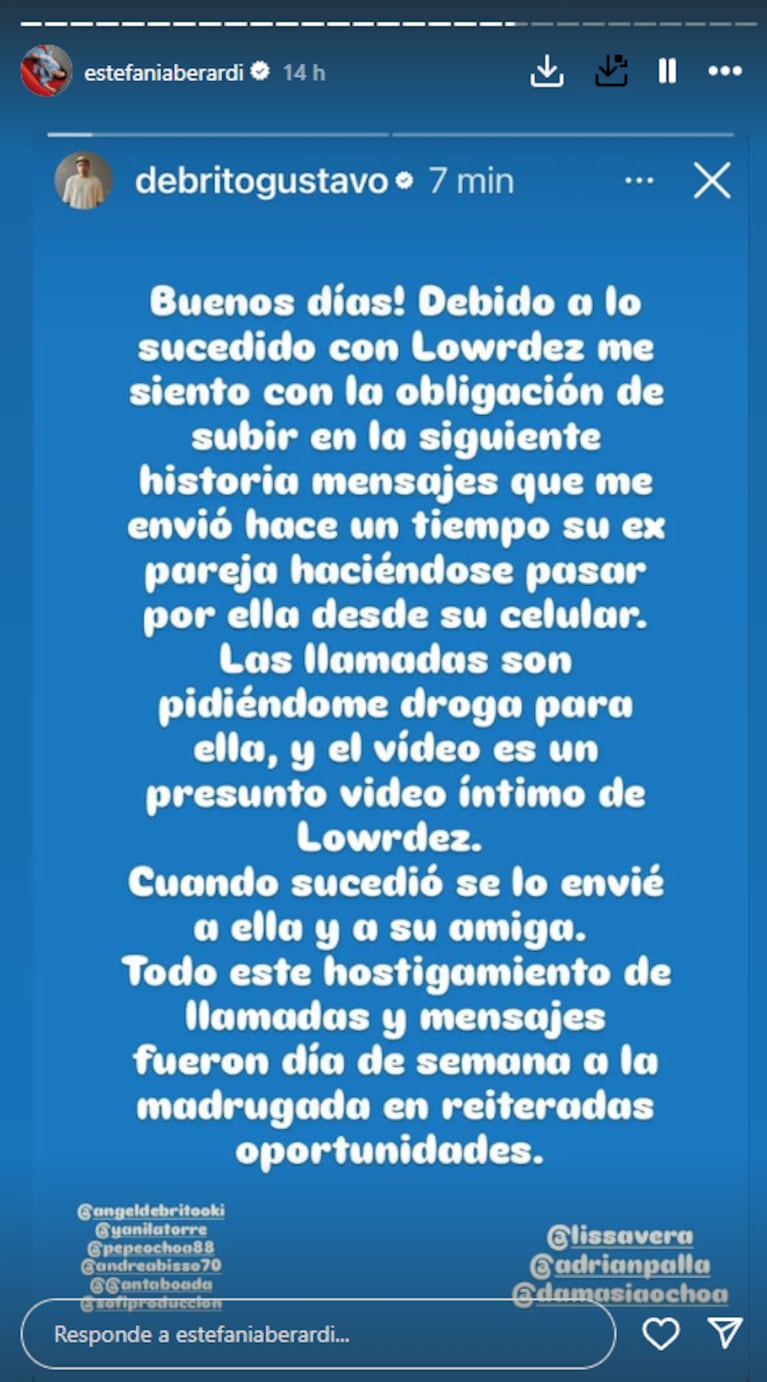 Un amigo de Lowrdez mostró el hostigamiento al que lo sometió su expareja hace un tiempo: los fuertes chats | Créditos: Instagram @debritogustavo