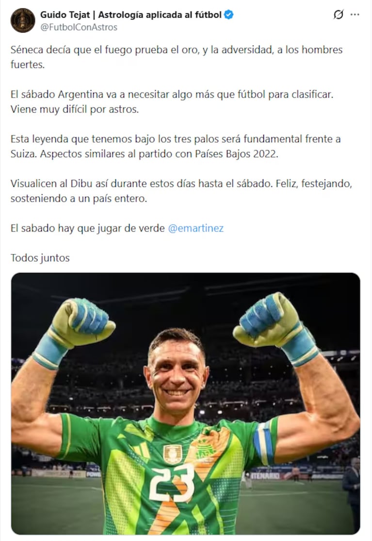 Un astrólogo predijo qué pasará con el Dibu Martínez ante Suiza en cuartos. Crédito: X