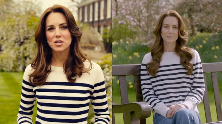 Un detalle en la ropa que Kate Middleton usó en el video de su reaparición llamó la atención en las redes: el sweater blanco con líneas negras es similar uno que utilizó en el año 2016. Muchos señalaron que con aquella imagen se hizo el video con IA.