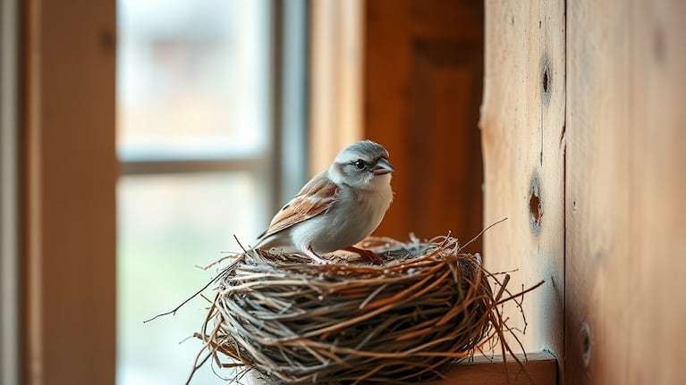 Un gorrión construyendo su nido en un hogar acogedor. (Foto: Imagen ilustrativa generada con IA)