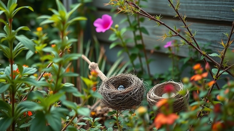 Un jardín familiar con un nido de gorrión visible, simbolizando la armonía con la naturaleza. (Foto: Imagen ilustrativa generada con IA)