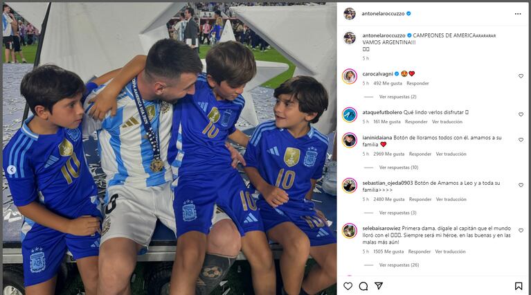 Un mensaje de aliento y la foto más tierna: el posteo de Antonela para Messi tras ganar la Copa América. (Instagram Antonela Roccuzzo)