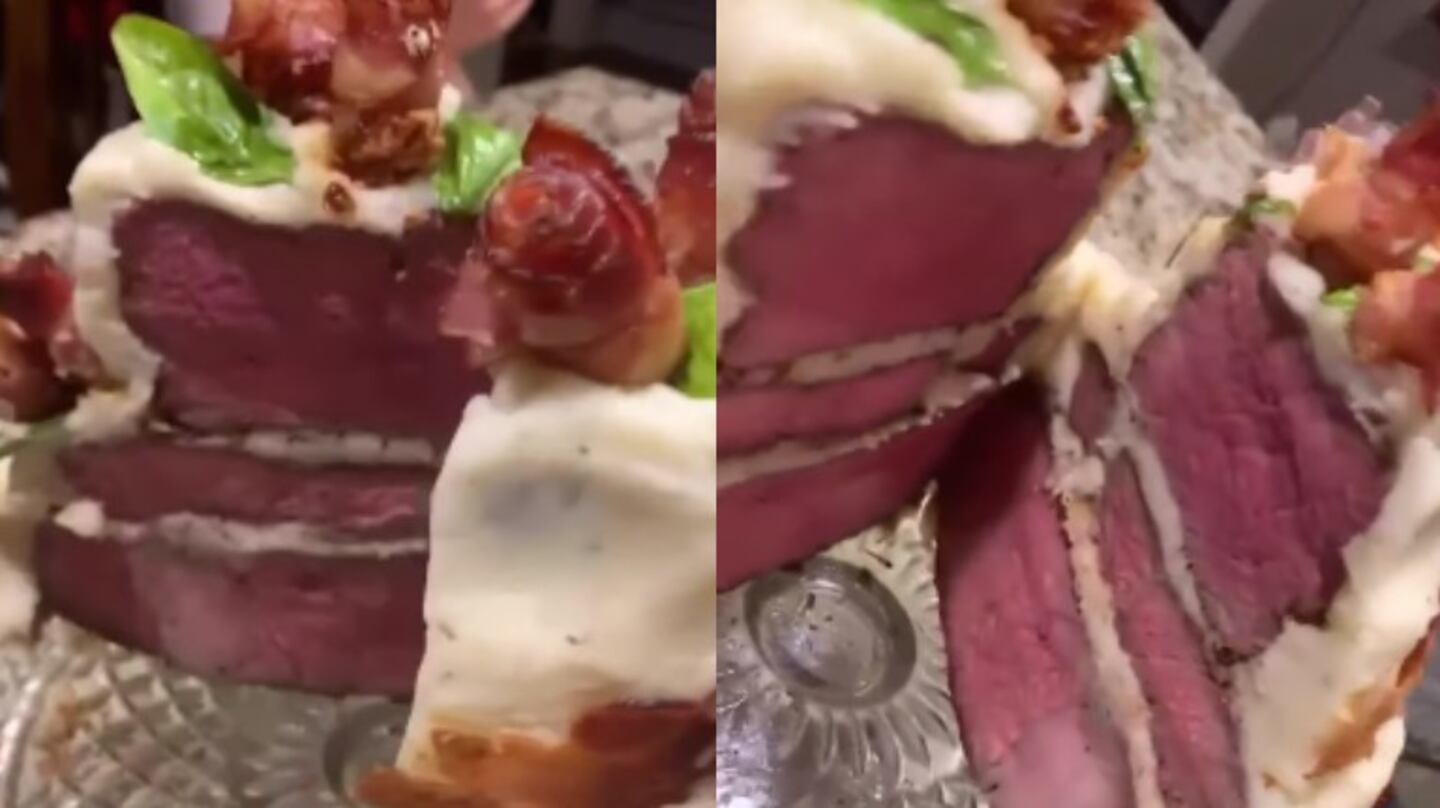 Un padre sorprende a su hijo con una tarta de tres pisos hecha con tres cortes de carne por su cumpleaños