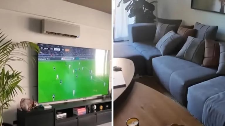 Un partido de fútbol de fondo en la pantalla del living, junto a los sillones que combinan confort y diseño.
Fuente: Instagram