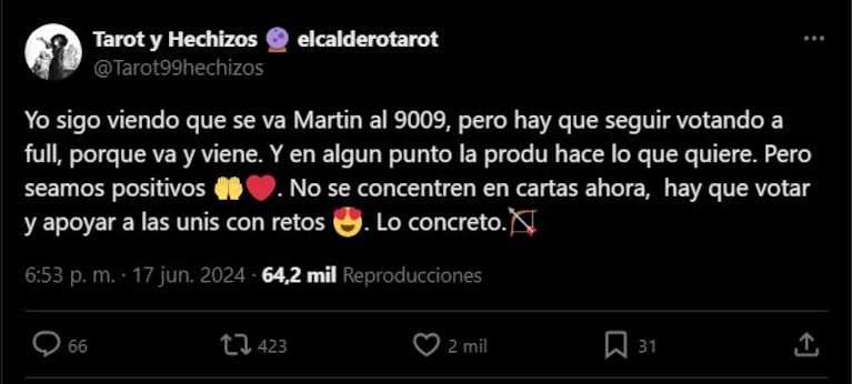 Una cuenta de X lanzó una predicción del tarot sobre el próximo eliminado de Gran Hermano 2023.