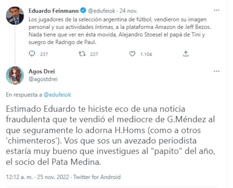 Una fan de Tini Stoessel cruzó a Feinmann en redes: "Te comiste una operación del padre de Camila Homs"