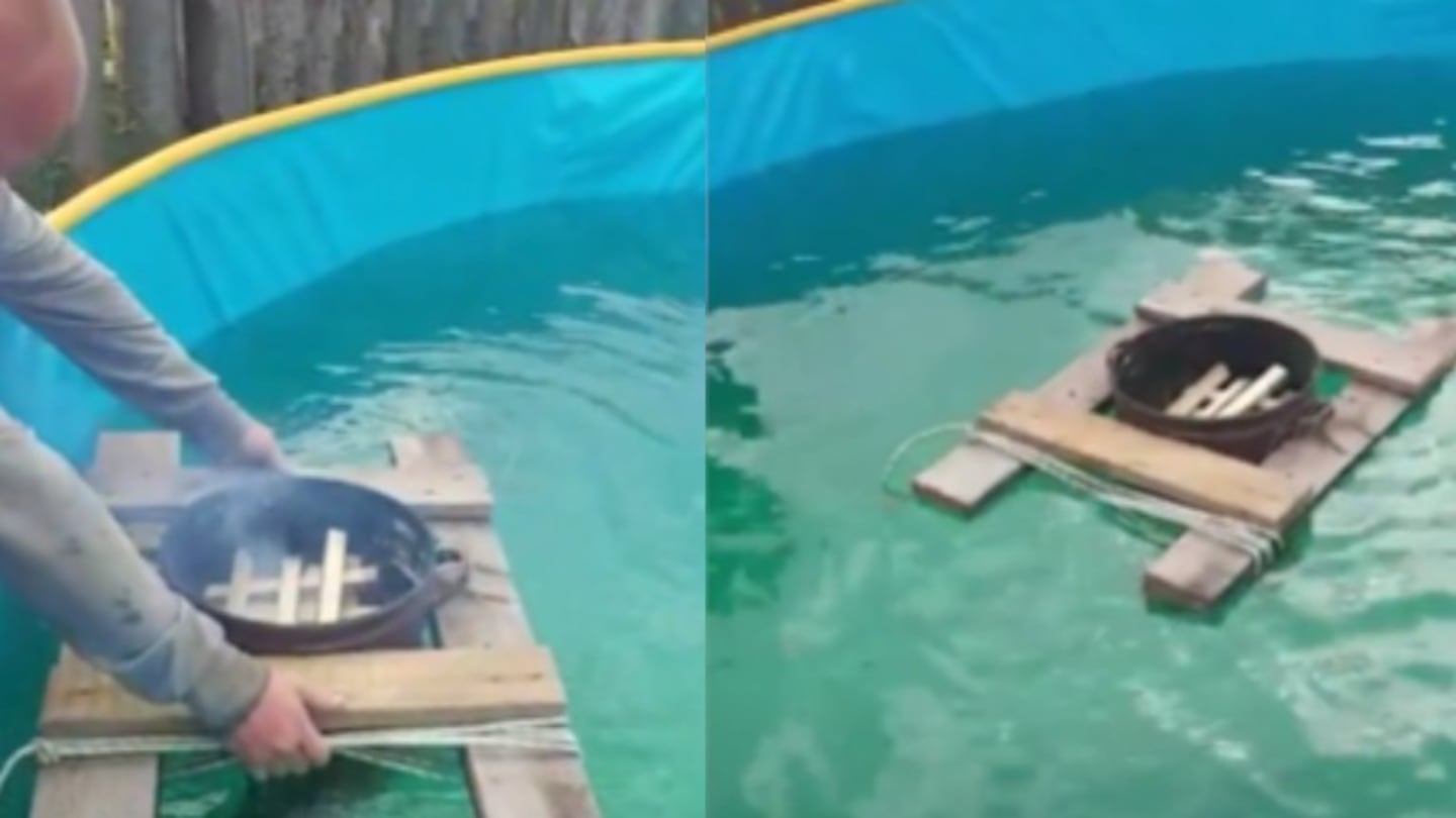 Una hoguera flotante, el método casero de un ruso para calentar el agua de su piscina exterior