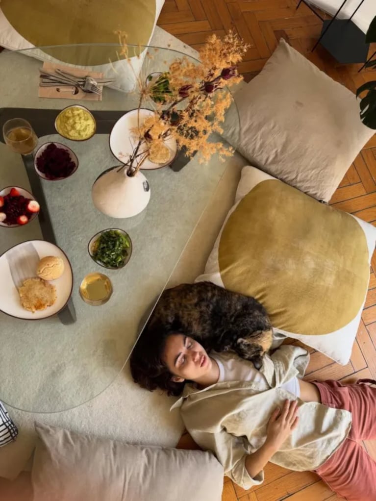   Una imagen que resume el espíritu del hogar: Débora descansa junto a su gata alrededor de una mesa ratona de vidrio, en un mediodía compartido.
Fuente: Instagram @deboranishimoto