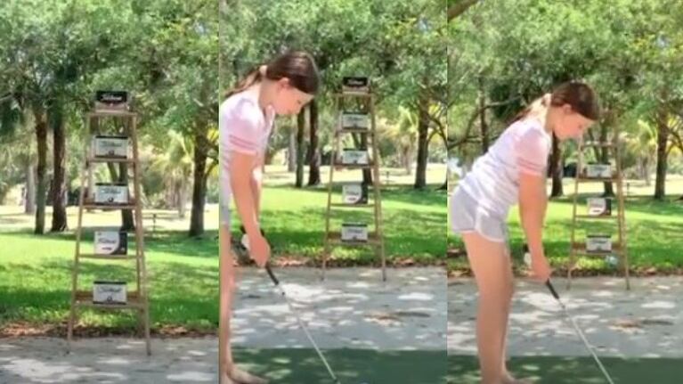Una niña de 9 años supera el reto de la escalera de golf derribando 5 cajas al primer toque