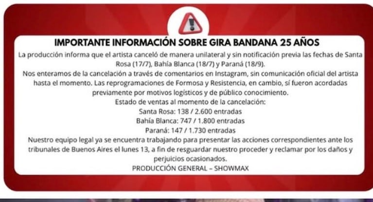 Una productora adelantó que demandará a Bandana por incumplimiento de contrato tras la cancelación de su gira. Crédito: X