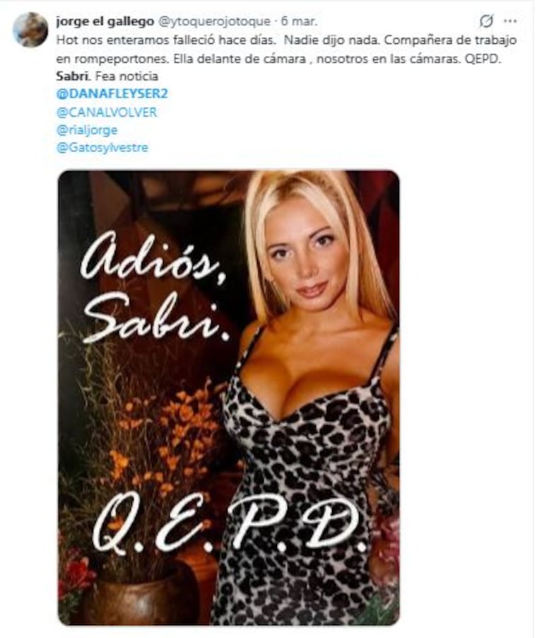 Uno de los mensaje que despertó los rumores de la muerte de Sabrina Pettinato (Foto: Twitter / X)
