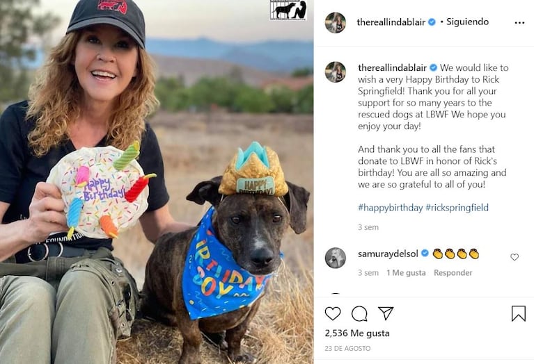 Uno de los tantos posteos que comparte Linda Blair sobre animales rescatados. (Foto: Instagram/@thereallindablair)