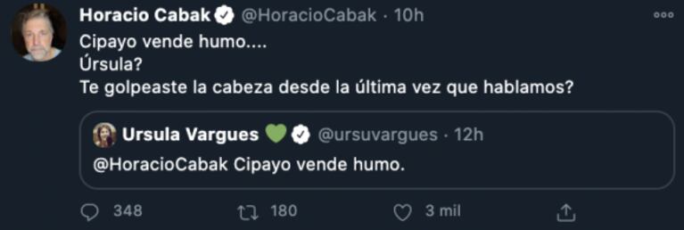 Ursula Vargues insultó a Cabak y él contraatacó: "¿Te golpeaste la cabeza desde la última vez que hablamos?"