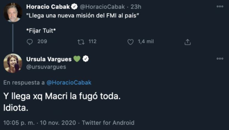 Ursula Vargues insultó a Cabak y él contraatacó: "¿Te golpeaste la cabeza desde la última vez que hablamos?"