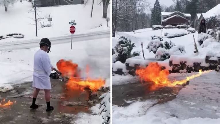 Usa un lanzallamas para despejar de nieve la entrada de su casa