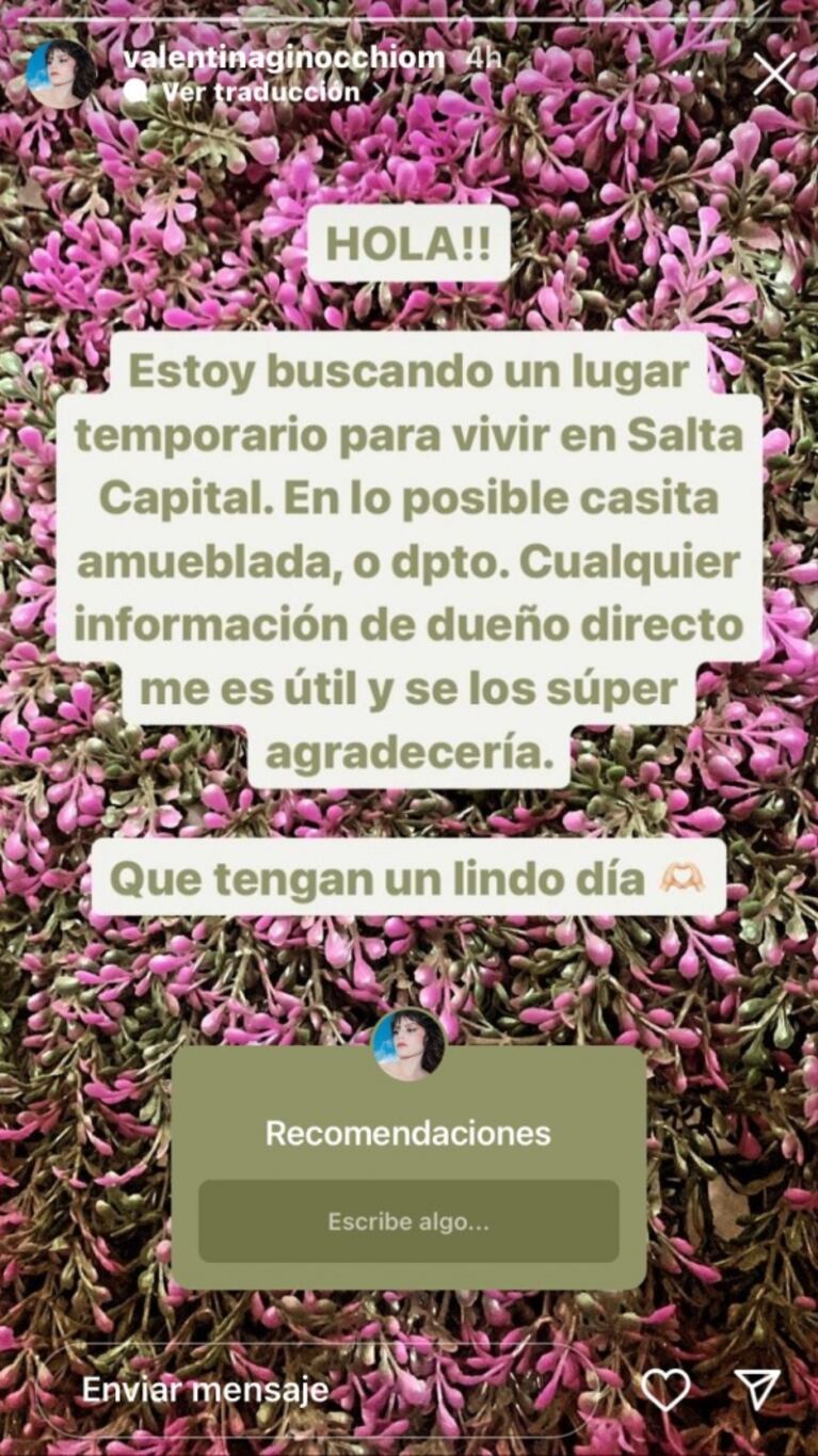 Valentina Ginocchio busca casa en Argentina para vivir con su novio y pidió ayuda a sus seguidores