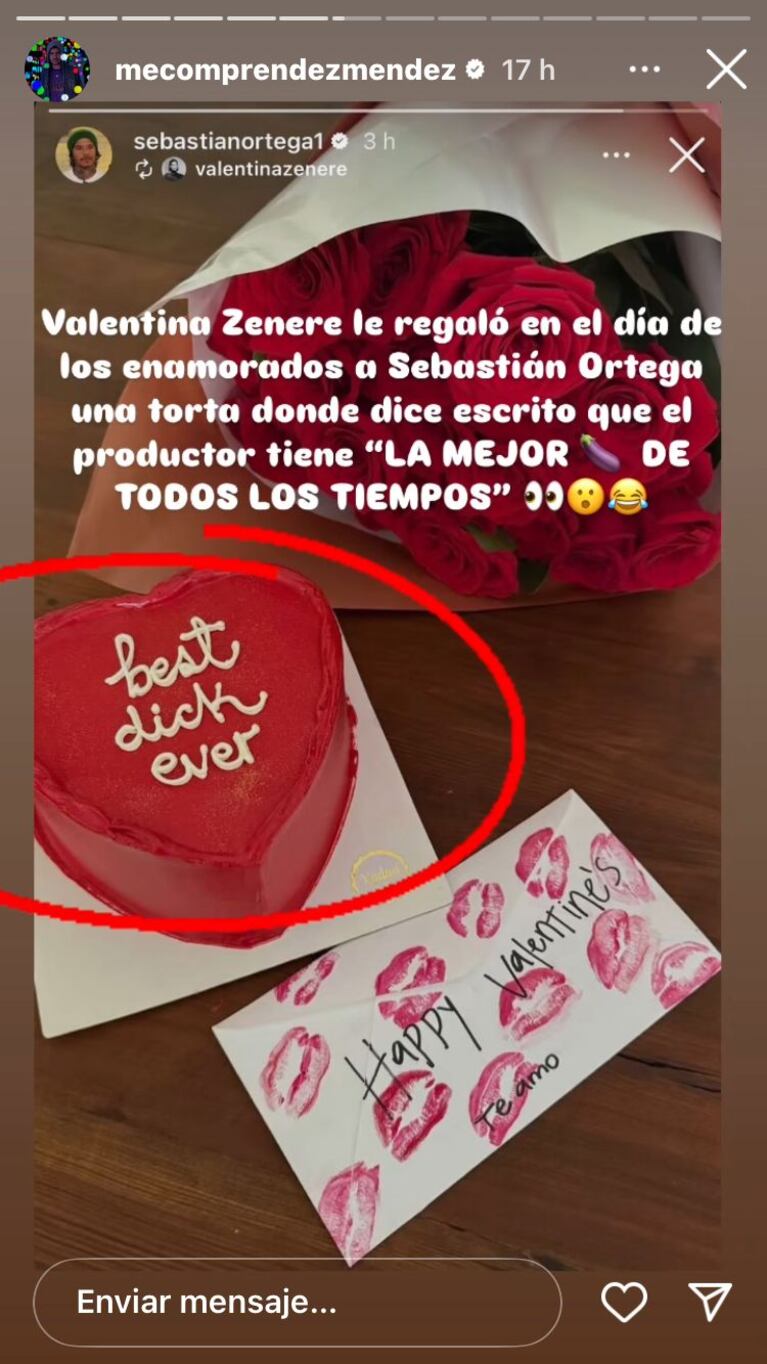 Valentina Zenere y Sebastián Ortega celebraron el Día de los Enamorados (Foto: caputras de Instagram de @mecomprendezmendez).