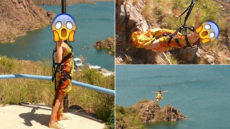 Vanina Escudero cruzó un lago en tirolesa… ¡y en vestido! (Foto: Twitter)