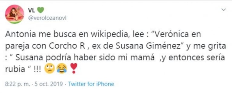 Vero Lozano contó la desopilante frase de su hija Antonia al enterarse de que su papá salió con Susana Giménez