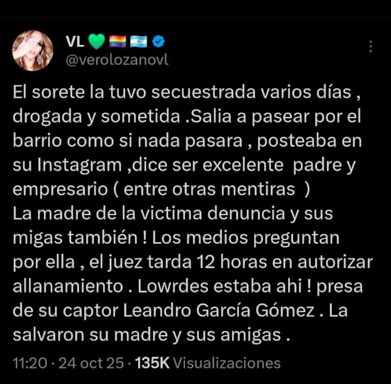 Vero Lozano, tras la liberación de Lowrdez de Bandana