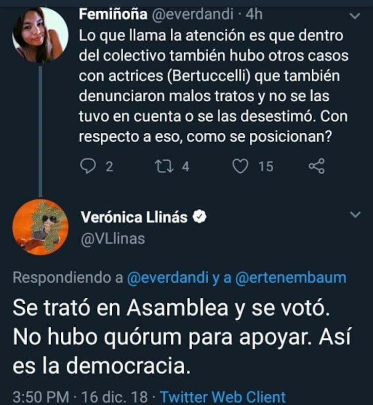 Verónica Llinás reveló por qué Actrices Argentinas no apoyó a Valeria Bertuccelli en su denuncia contra Darín