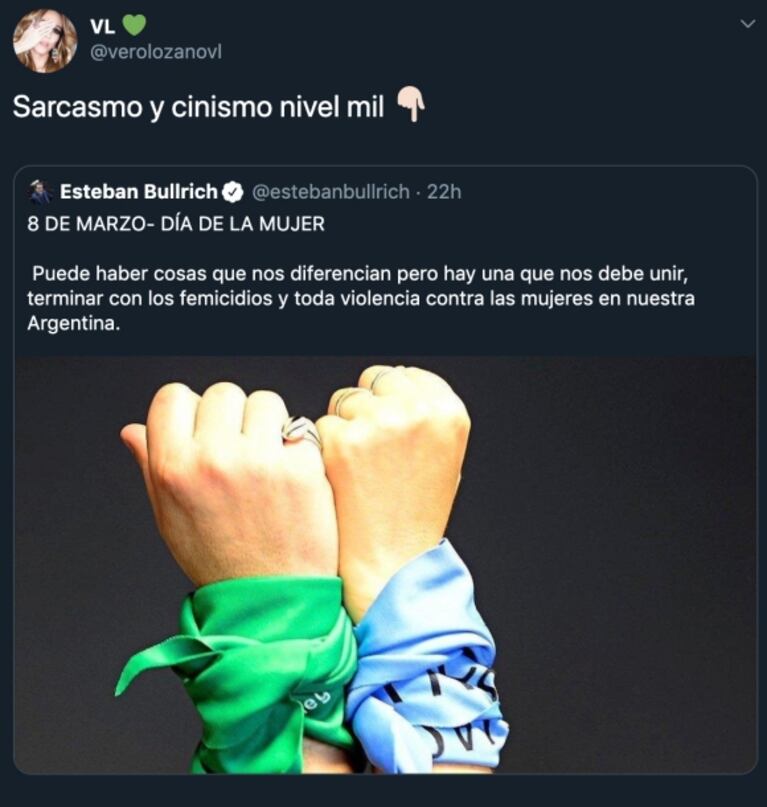 Verónica Lozano cruzó a Esteban Bullrich por su llamado a la unión de los "pañuelos celestes y verdes" en el 8M: "Sarcasmo y cinismo nivel mil"