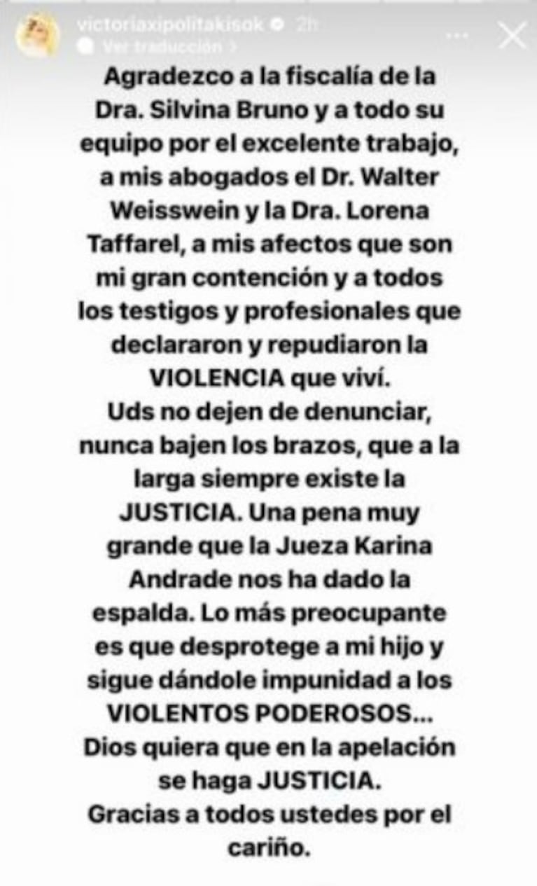 Vicky Xipolitakis, tras perder el juicio contra su ex por violencia de género: "No dejen de denunciar, nunca bajen los brazos"