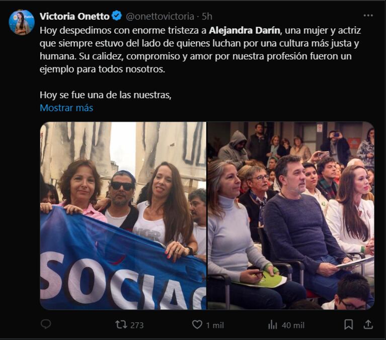 Victoria Onetto despidió a Alejandra Darín (Foto: captura de X).