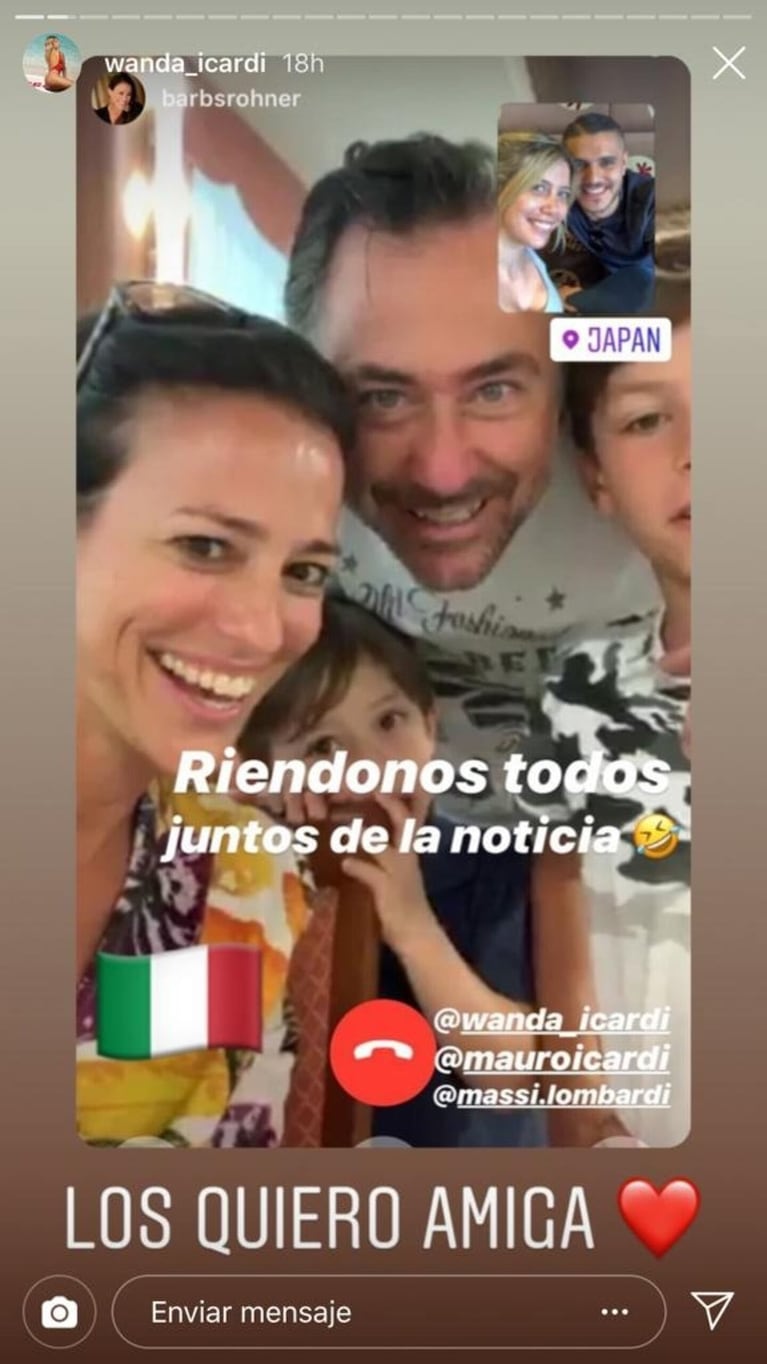 Videollamada entre la familia de Bárbara Rohner y Wanda Nara y Mauro Icardi, en 2019. En la captura se puede leer el nombre que usaba la mediática en Instagram: @wanda_icardi