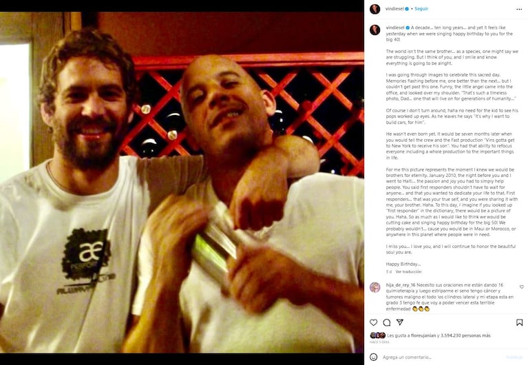 Vin Diesel y Paul Walker (Foto: Instagram @vindiesel)