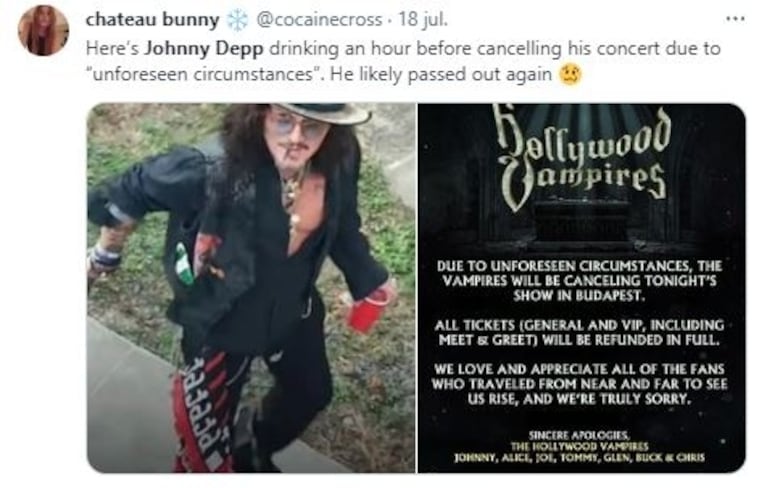Viralizaron una foto de Johnny Depp antes de ser hallado inconsciente que indignó a sus fanáticos: "Bebiendo"