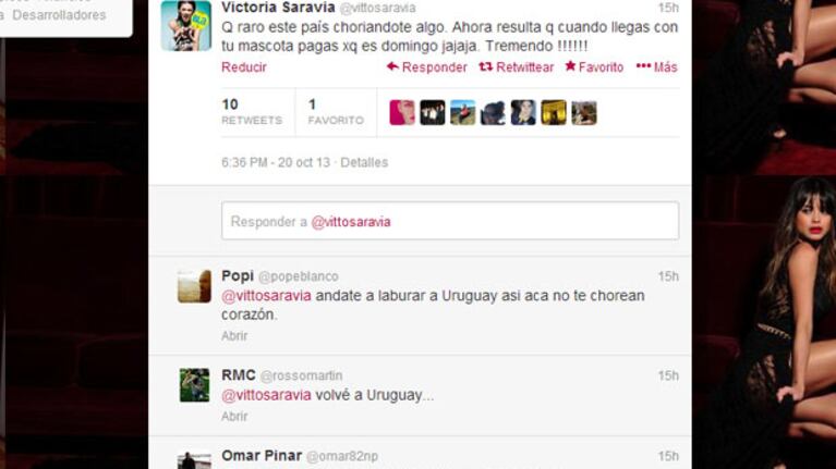 Vitto Saravia, indignada en su cuenta de Twitter (Foto: Captura).