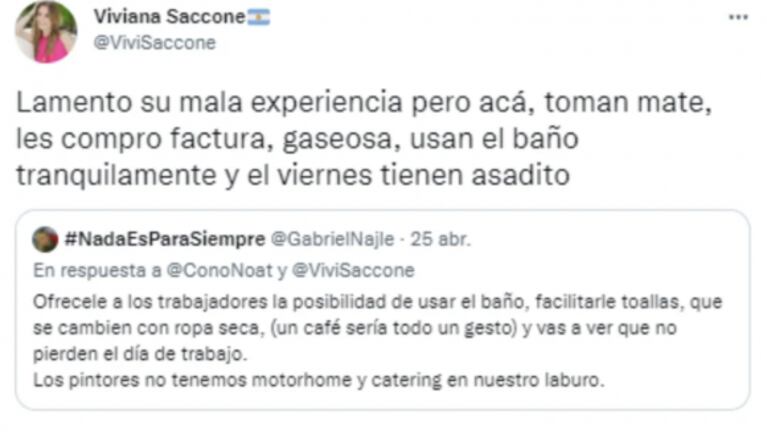 Viviana Saccone criticó a quienes trabajaban en su casa, la fulminaron y reaccionó: "Yo soy nieta de albañil"