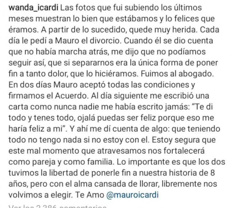 Wanda Nara anunció su reconciliación con Mauro Icardi tras el escándalo de la China: "Nos volvimos a elegir con el alma cansada de llorar"