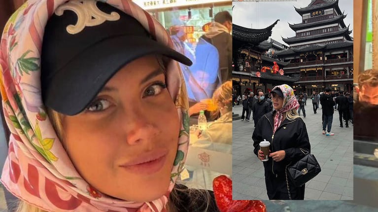 Wanda Nara apostó por el lujo relajado en su viaje a la China: pañuelo estampado, gorra y cartera icónica