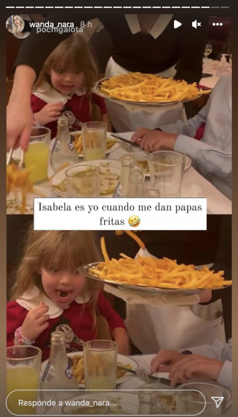 Wanda Nara compartió la emoción de Isabella Icardi ante un plato de papas fritas: "Es yo"