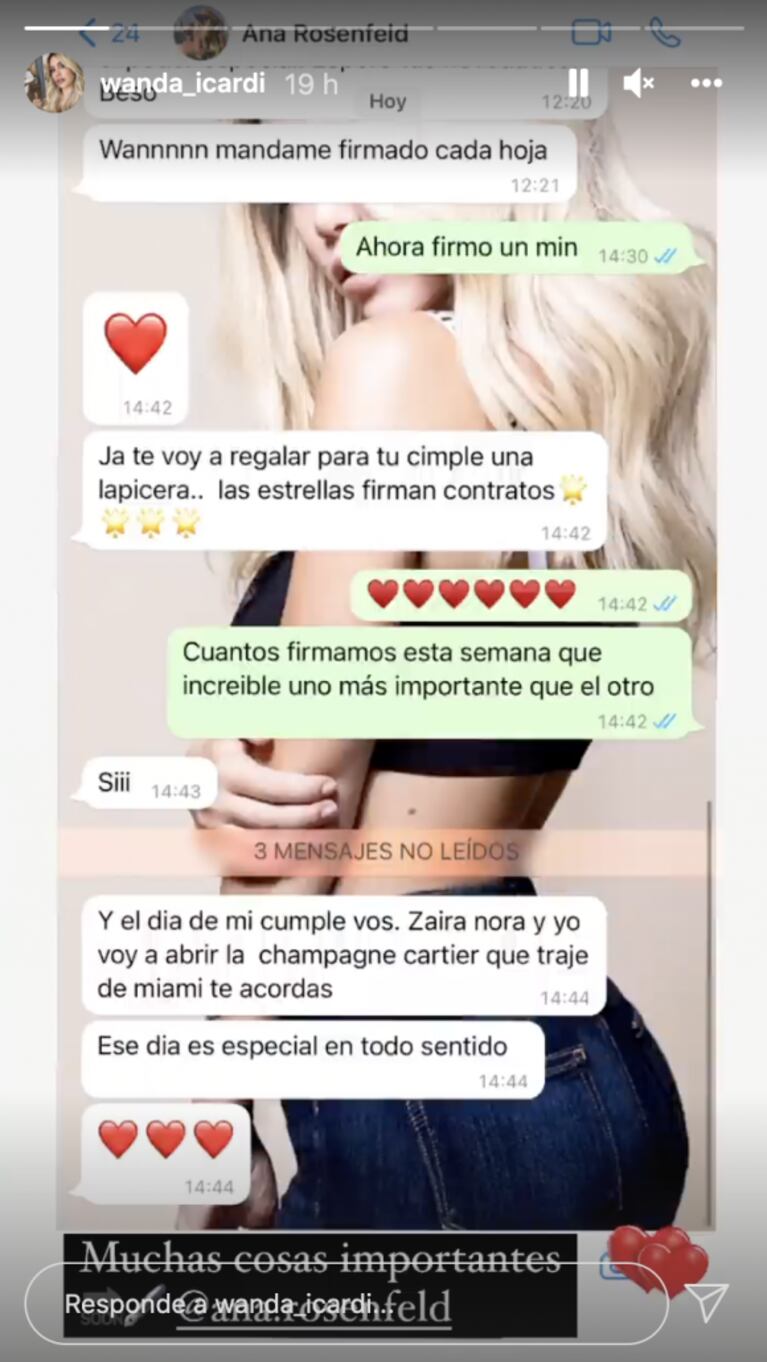 Wanda Nara compartió su pícaro chat privado con su abogada, Ana Rosenfeld: "Vamos a brindar con champagne"